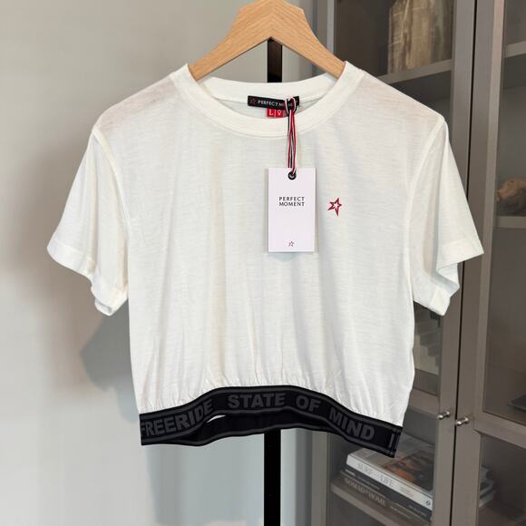 Perfect Moment Sport Tee Shirt NEW White Cropped Black Banded Short Sleeve Top L - Picture 1 of 6